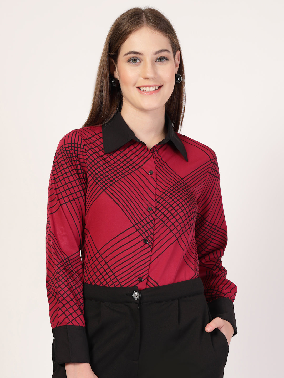 Style Quotient Women Marron Black Printed Regular Fit Formal Polyester Shirt-Shirts-StyleQuotient