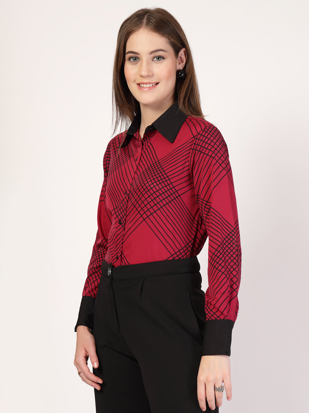 Style Quotient Women Marron Black Printed Regular Fit Formal Polyester Shirt-Shirts-StyleQuotient