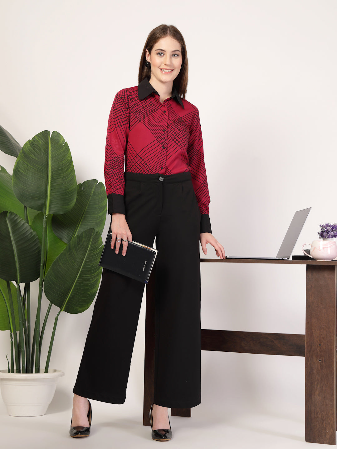 Style Quotient Women Marron Black Printed Regular Fit Formal Polyester Shirt-Shirts-StyleQuotient