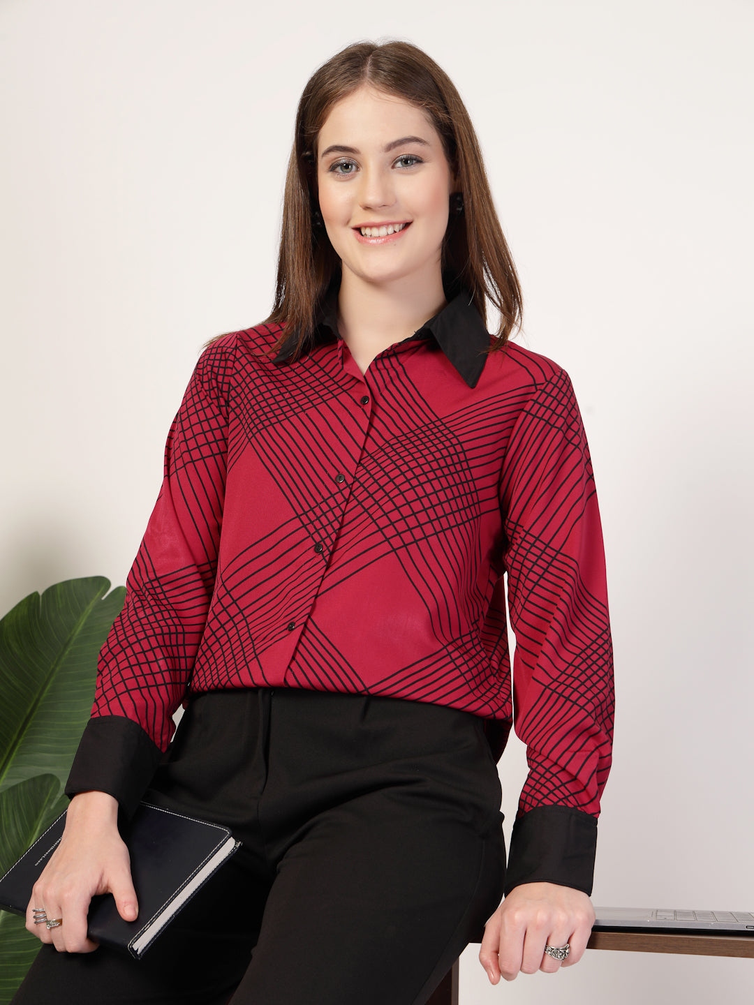 Style Quotient Women Marron Black Printed Regular Fit Formal Polyester Shirt-Shirts-StyleQuotient