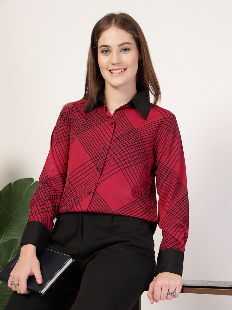 Style Quotient Women Marron Black Printed Regular Fit Formal Polyester Shirt-Shirts-StyleQuotient