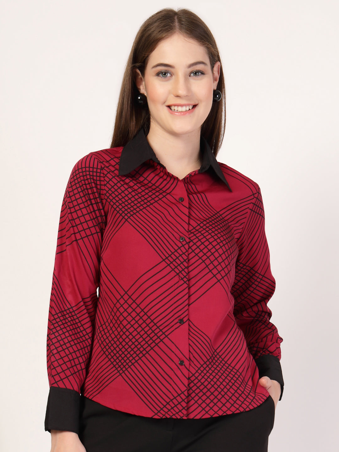 Style Quotient Women Marron Black Printed Regular Fit Formal Polyester Shirt-Shirts-StyleQuotient