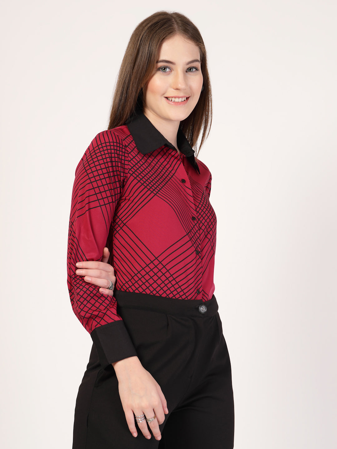 Style Quotient Women Marron Black Printed Regular Fit Formal Polyester Shirt-Shirts-StyleQuotient