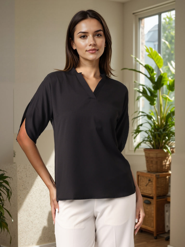 Style Quotient Women Solid Black Polymoss Formal Top-Tops-StyleQuotient