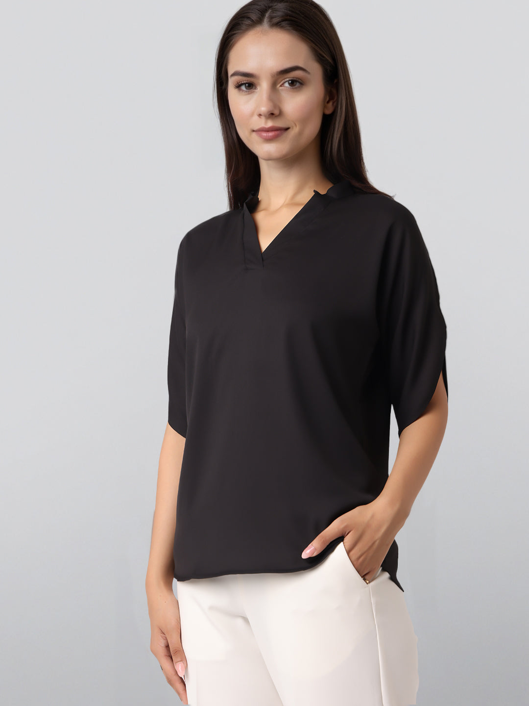 Style Quotient Women Solid Black Polymoss Formal Top-Tops-StyleQuotient