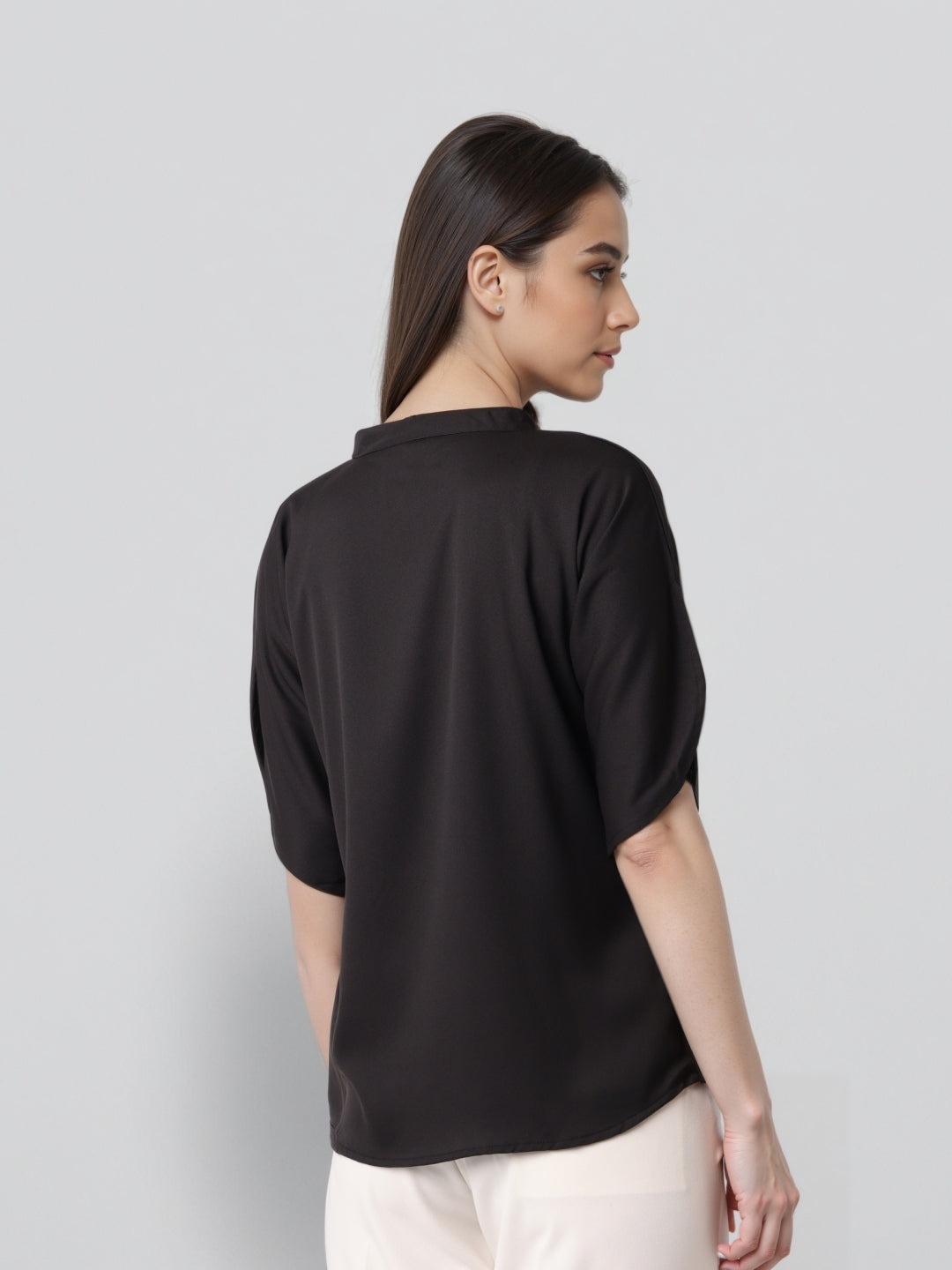Style Quotient Women Solid Black Polymoss Formal Top-Tops-StyleQuotient