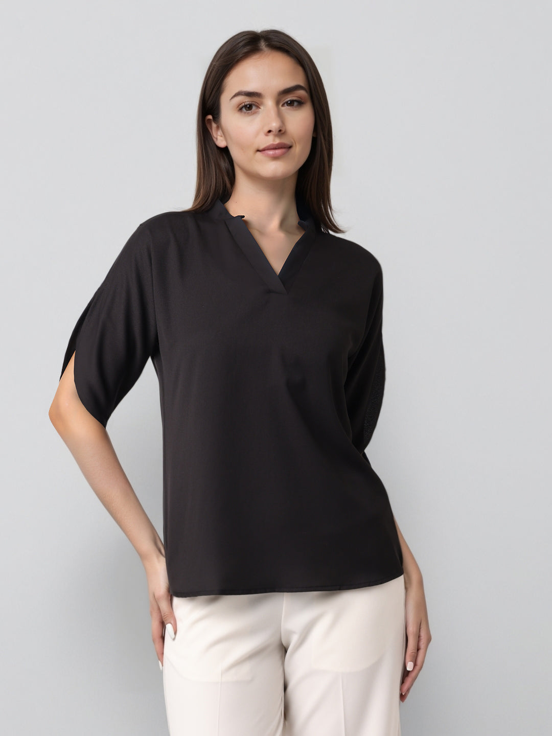 Style Quotient Women Solid Black Polymoss Formal Top-Tops-StyleQuotient
