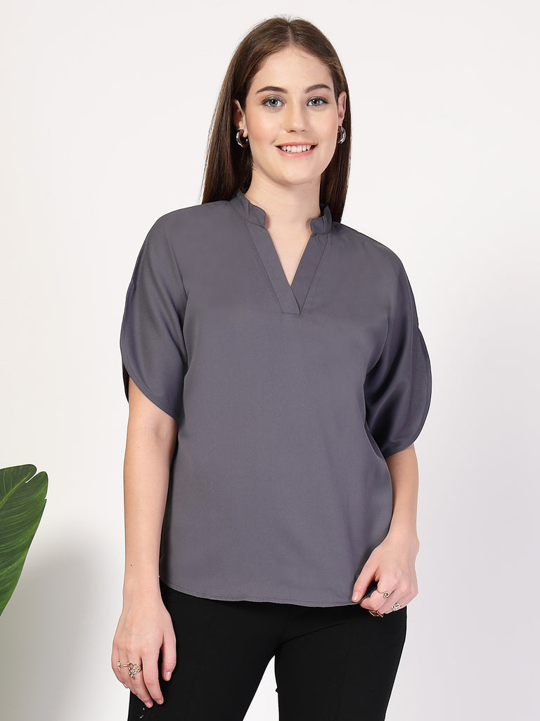 Style Quotient Women Solid Grey Polymoss Formal Top-Tops-StyleQuotient