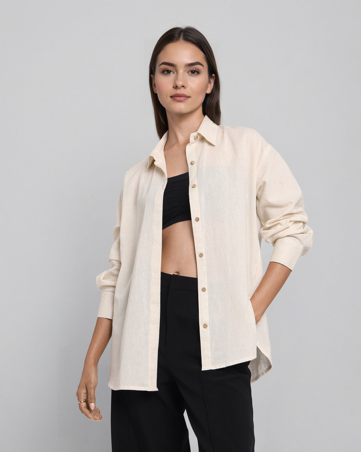 Style Quotient Women Beige Flex Solid Oversize Shirt-Shirts-StyleQuotient