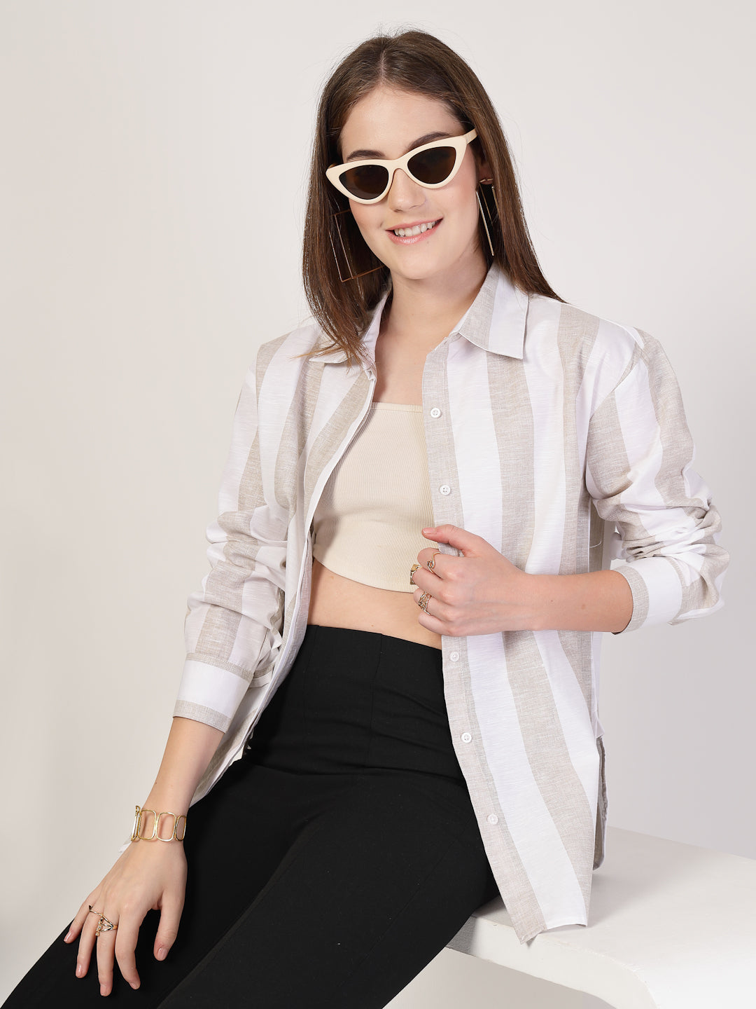 Style Quotient Women Beige And White Stripe Polycotton Oversize Smart Casual Shirt-Shirts-StyleQuotient