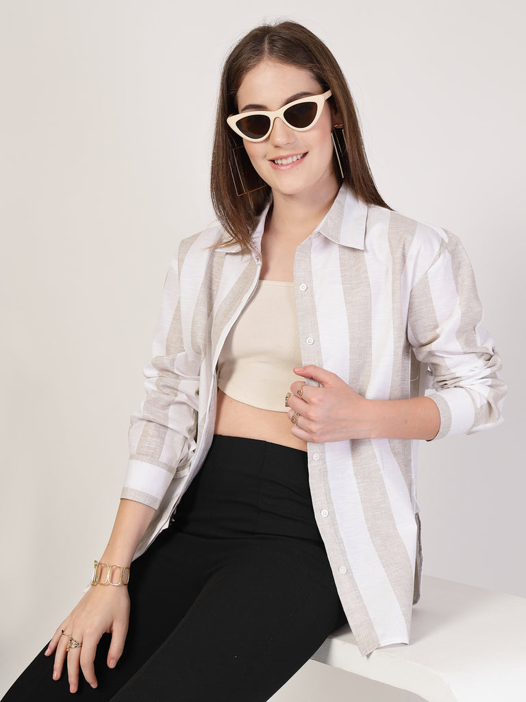 Style Quotient Women Beige And White Stripe Polycotton Oversize Smart Casual Shirt-Shirts-StyleQuotient