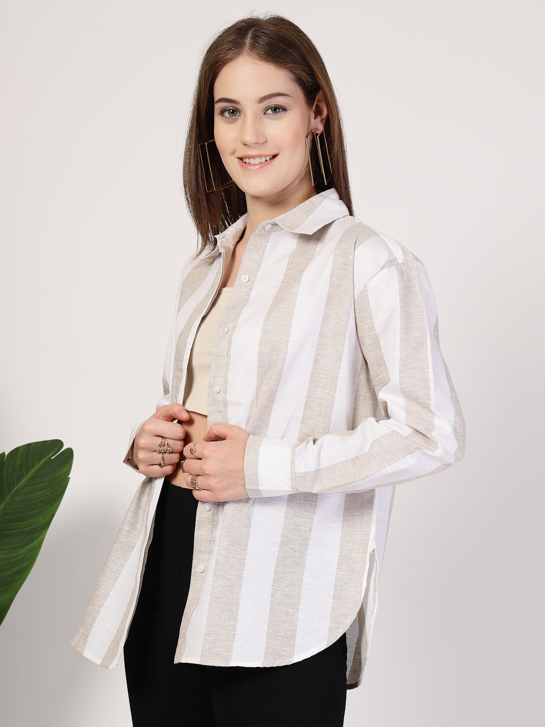 Style Quotient Women Beige And White Stripe Polycotton Oversize Smart Casual Shirt-Shirts-StyleQuotient
