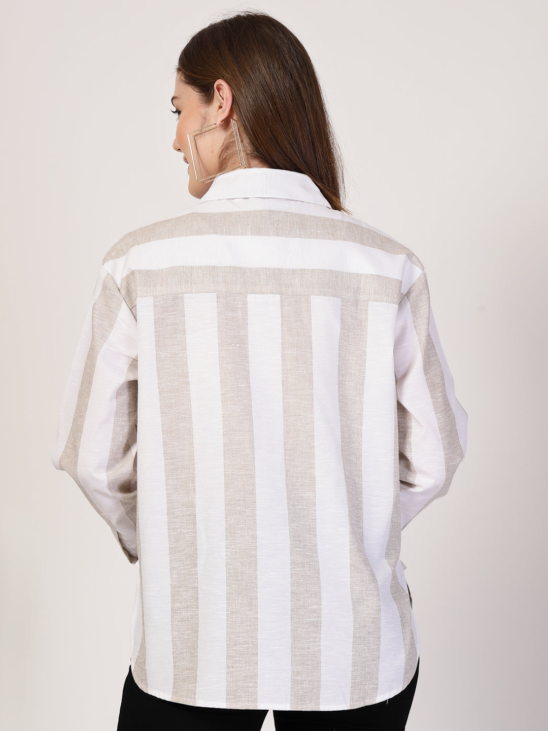 Style Quotient Women Beige And White Stripe Polycotton Oversize Smart Casual Shirt-Shirts-StyleQuotient