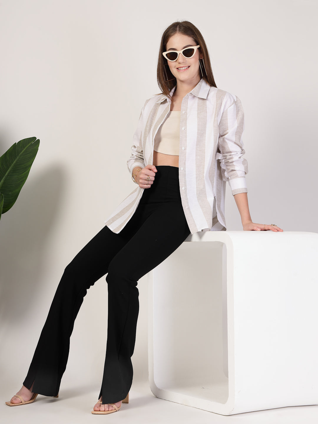 Style Quotient Women Beige And White Stripe Polycotton Oversize Smart Casual Shirt-Shirts-StyleQuotient