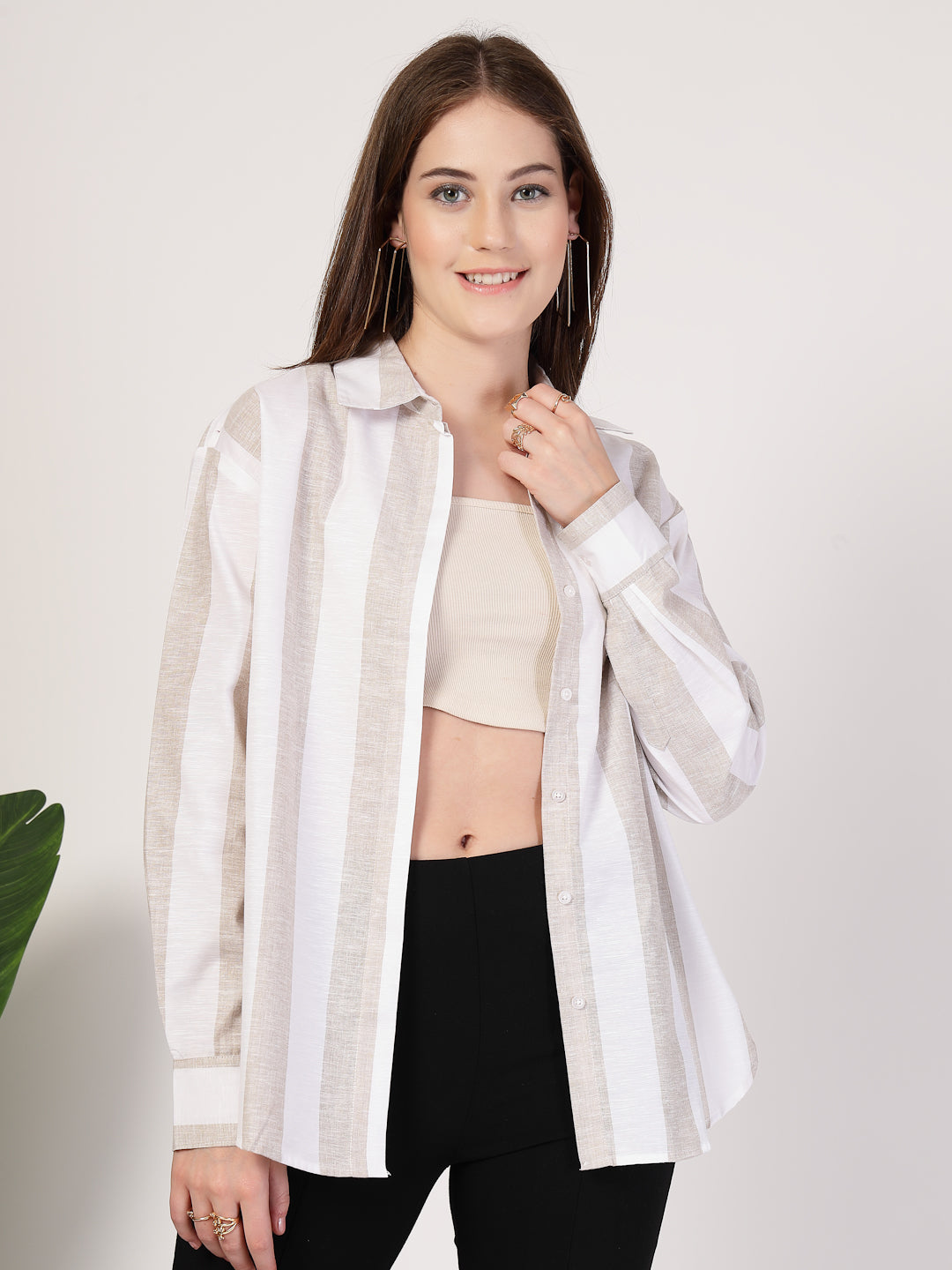 Style Quotient Women Beige And White Stripe Polycotton Oversize Smart Casual Shirt-Shirts-StyleQuotient