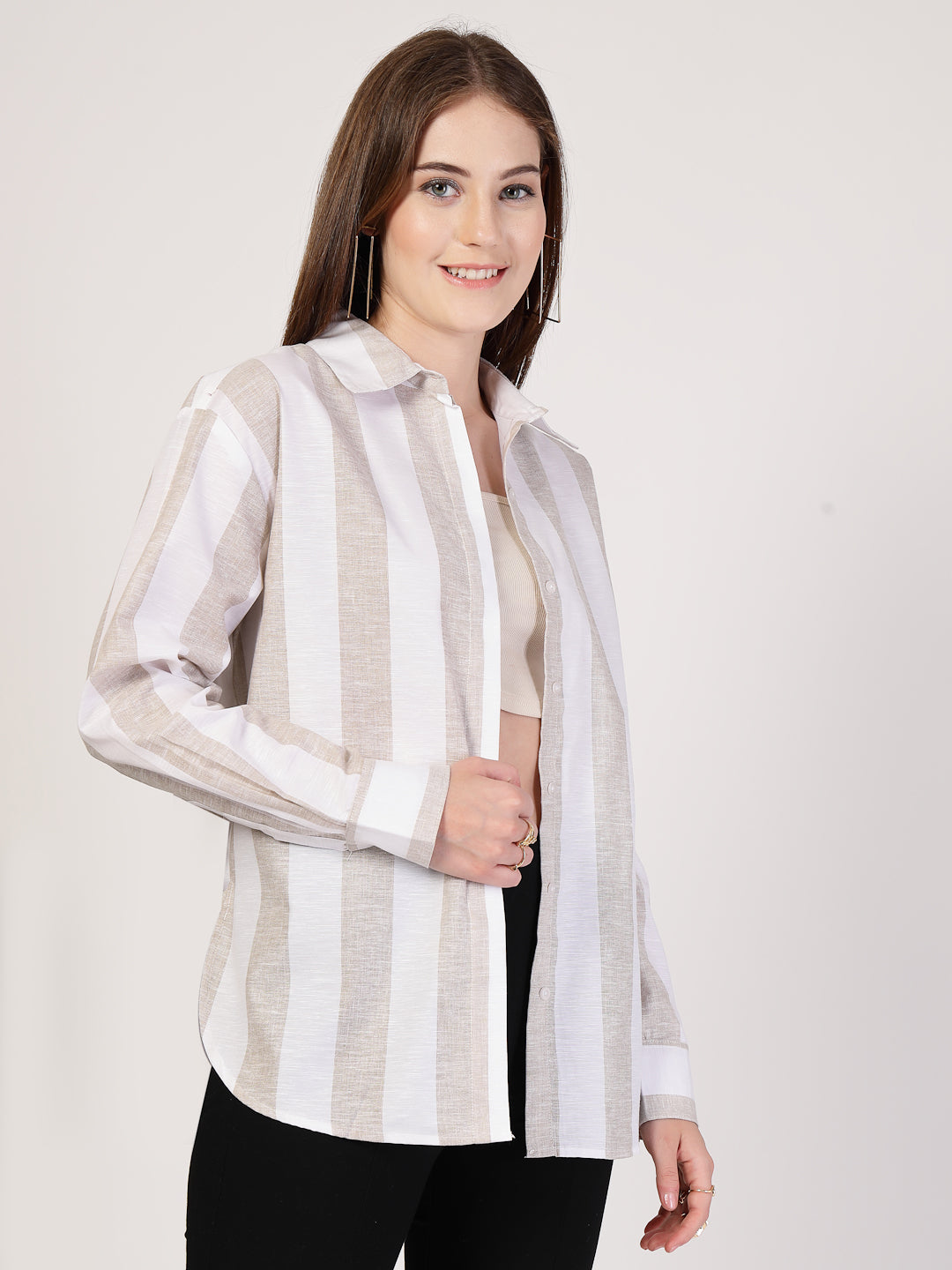 Style Quotient Women Beige And White Stripe Polycotton Oversize Smart Casual Shirt-Shirts-StyleQuotient