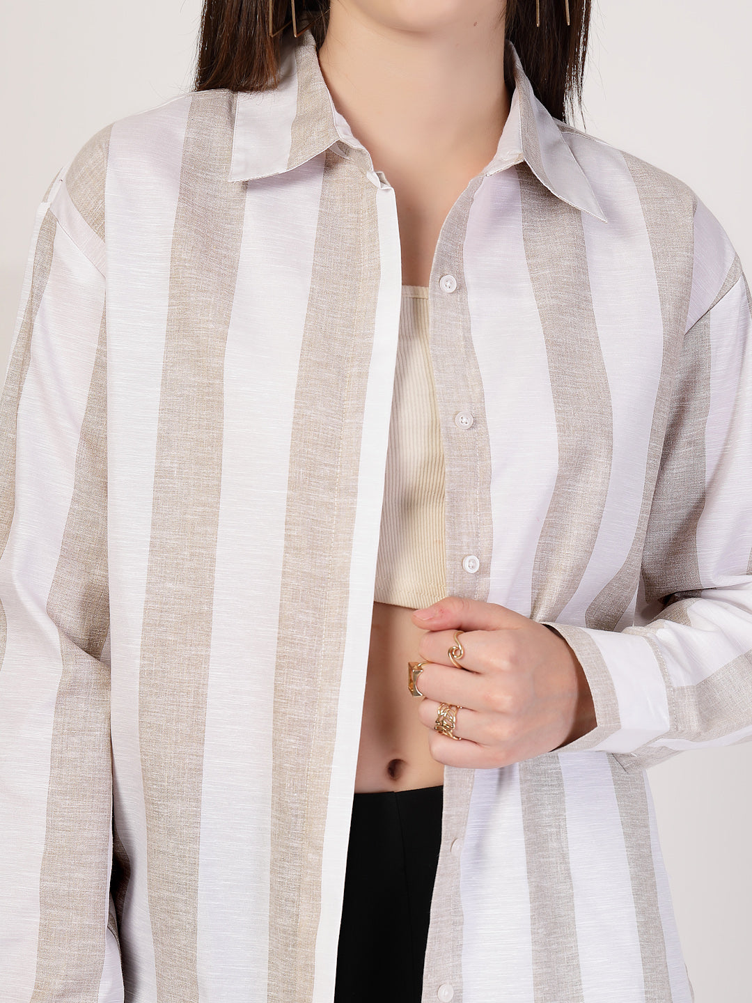 Style Quotient Women Beige And White Stripe Polycotton Oversize Smart Casual Shirt-Shirts-StyleQuotient