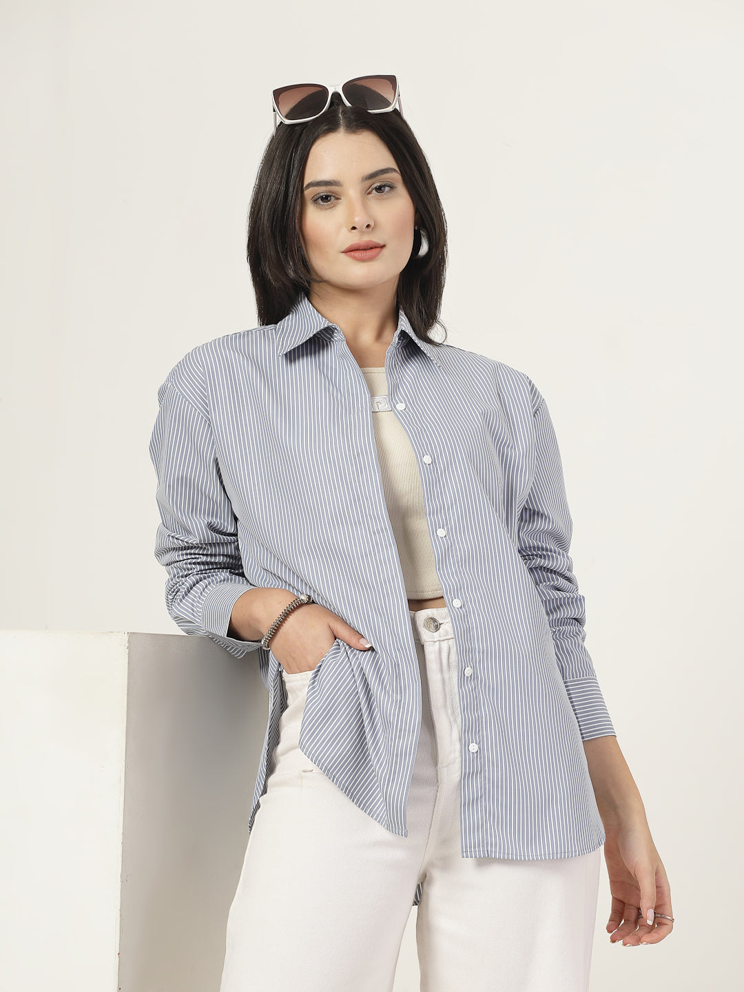 Style Quotient Women Stripe Grey And White Polycotton Oversize Shirt-Shirts-StyleQuotient