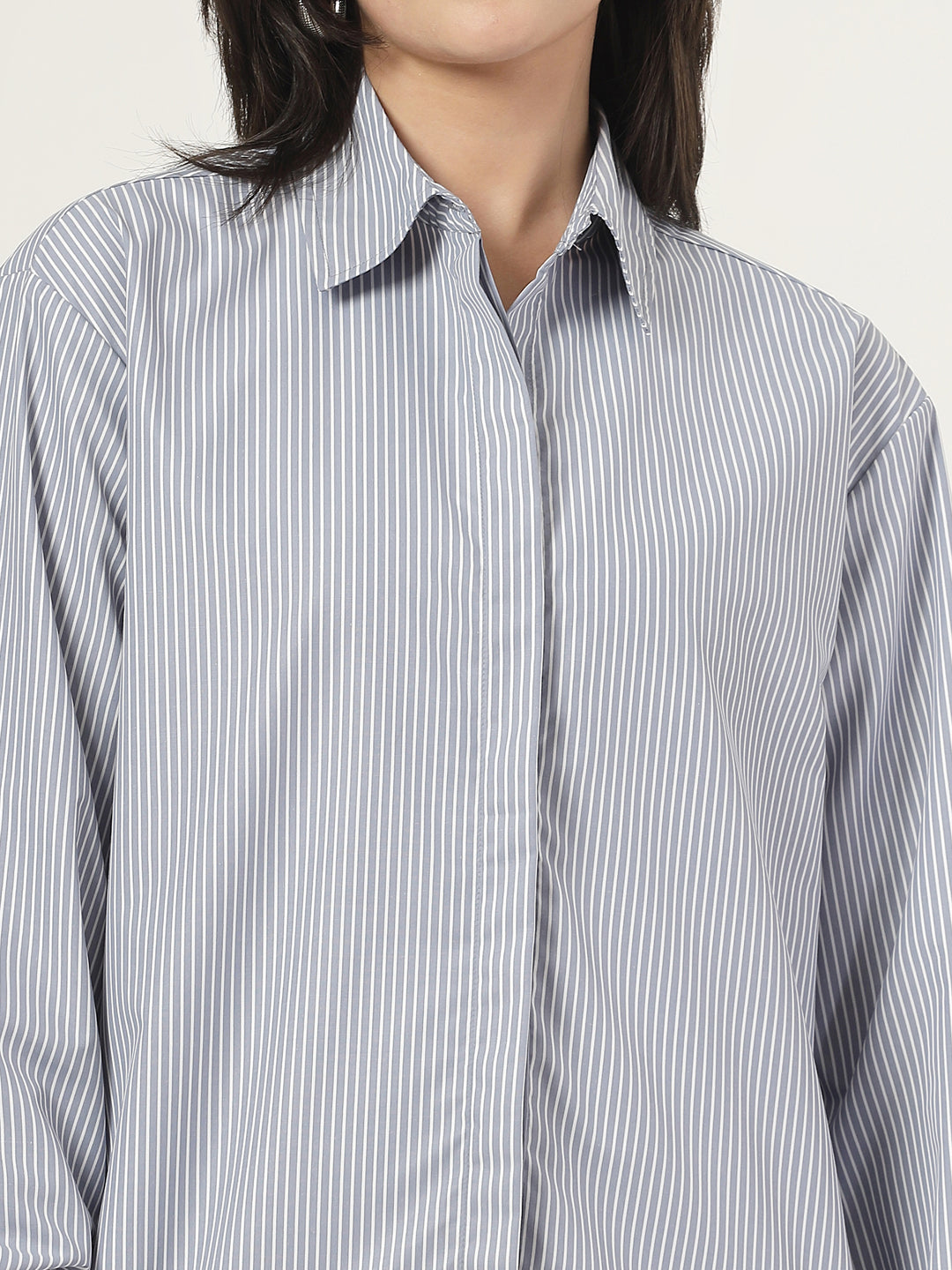 Style Quotient Women Stripe Grey And White Polycotton Oversize Shirt-Shirts-StyleQuotient