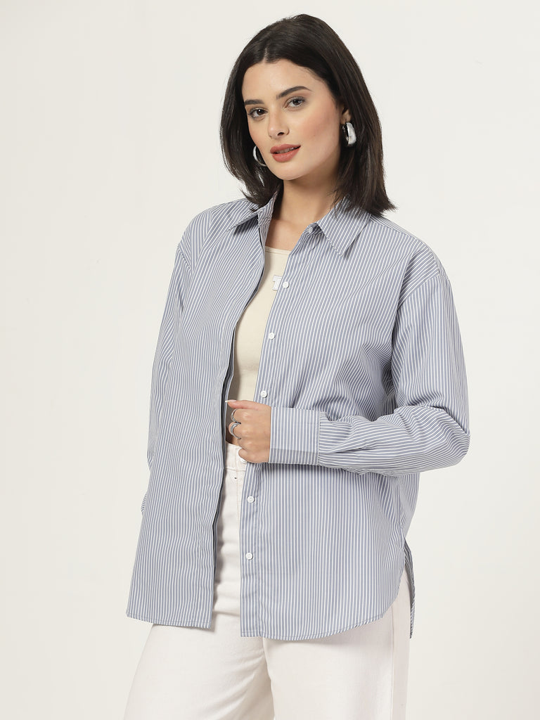 Style Quotient Women Stripe Grey And White Polycotton Oversize Shirt-Shirts-StyleQuotient