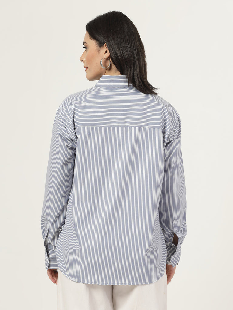 Style Quotient Women Stripe Grey And White Polycotton Oversize Shirt-Shirts-StyleQuotient