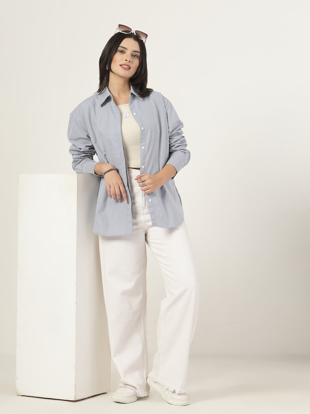 Style Quotient Women Stripe Grey And White Polycotton Oversize Shirt-Shirts-StyleQuotient