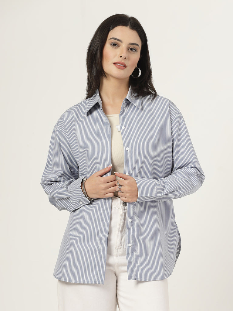 Style Quotient Women Stripe Grey And White Polycotton Oversize Shirt-Shirts-StyleQuotient