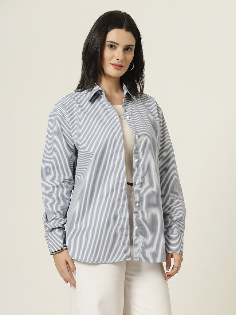 Style Quotient Women Stripe Grey And White Polycotton Oversize Shirt-Shirts-StyleQuotient