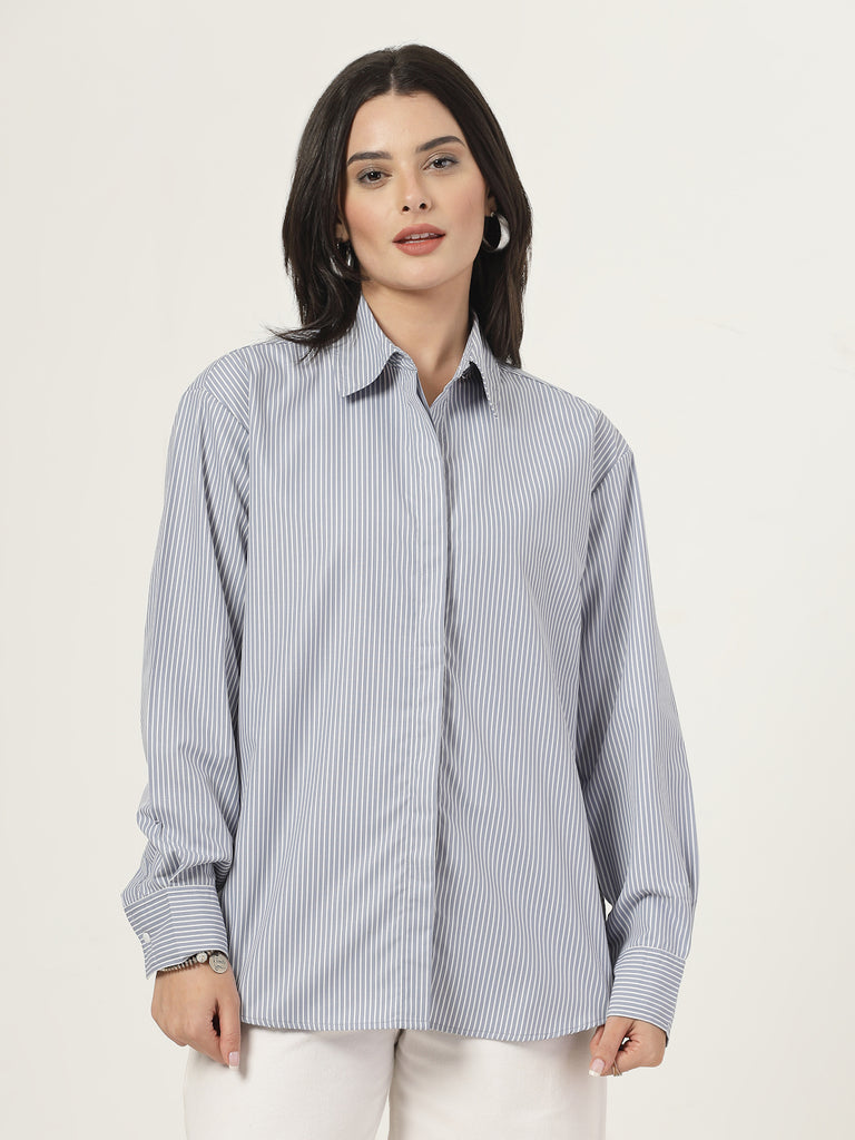 Style Quotient Women Stripe Grey And White Polycotton Oversize Shirt-Shirts-StyleQuotient