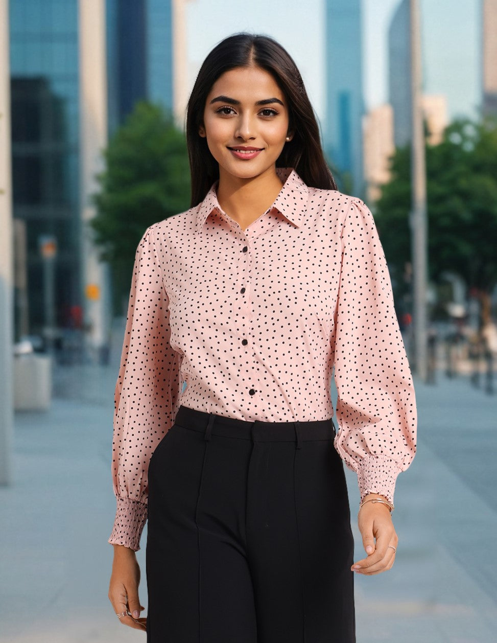 Style Quotient Women Nude Black Polka Printed Polyester Regular Fit Smart Casual Shirt-Shirts-StyleQuotient