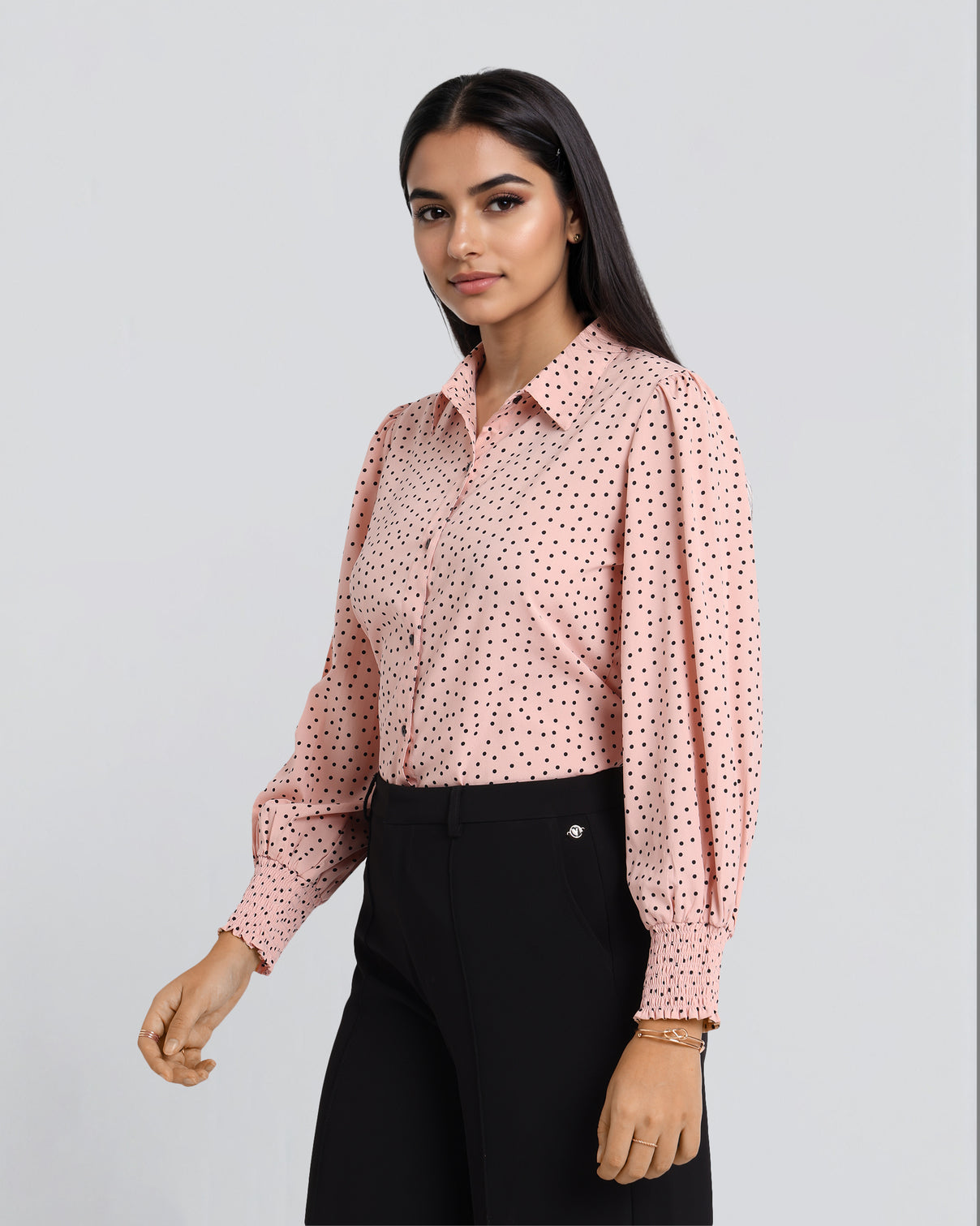 Style Quotient Women Nude Black Polka Printed Polyester Regular Fit Smart Casual Shirt-Shirts-StyleQuotient