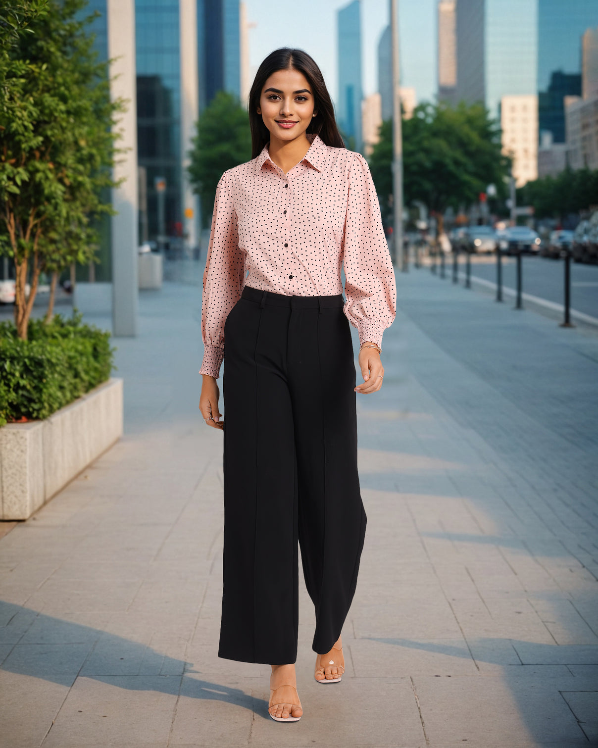 Style Quotient Women Nude Black Polka Printed Polyester Regular Fit Smart Casual Shirt-Shirts-StyleQuotient