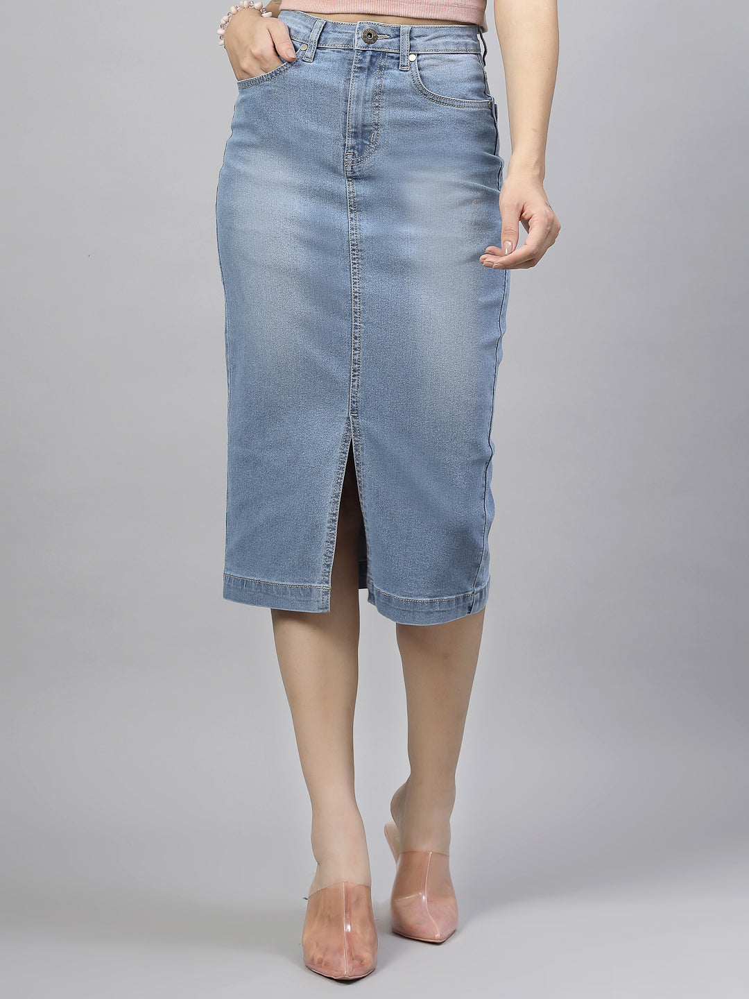 Style Quotient Women Mid Blue A-Line Midi Skirt-Skirts-StyleQuotient