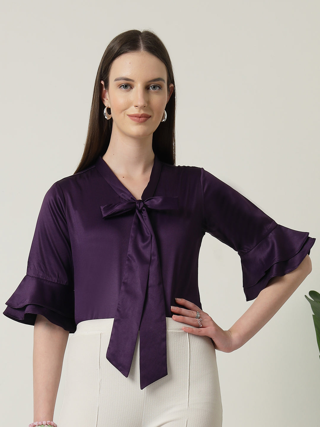 Style Quotient Women Solid Wine Satin Bell Sleeve Regular Top-Tops-StyleQuotient