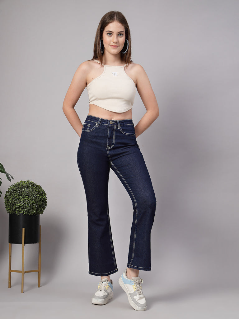 Style Quotient Women Dark Blue Boot Cut High Rise Stretchable Jeans-Jeans-StyleQuotient