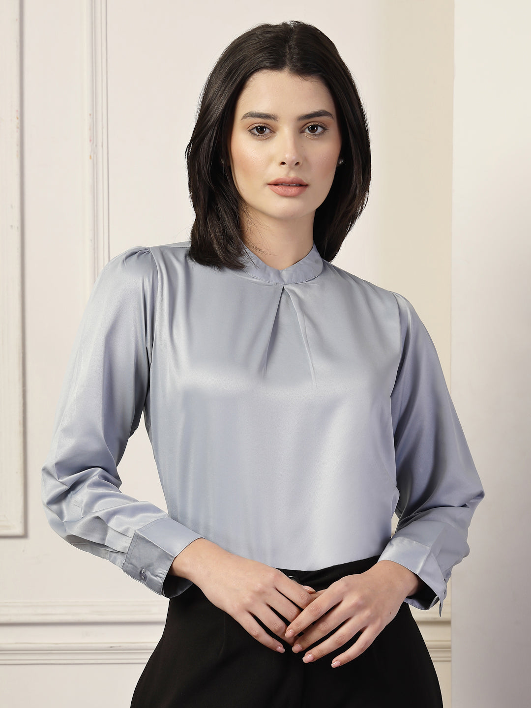 Style Quotient Women Solid Light Grey Satin Regular Pleated Top-Tops-StyleQuotient