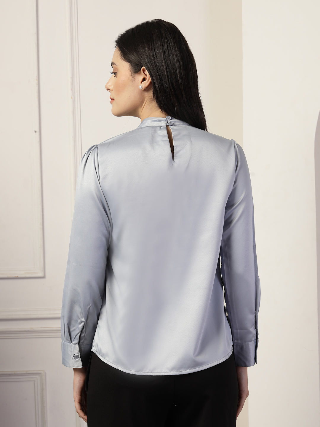 Style Quotient Women Solid Light Grey Satin Regular Pleated Top-Tops-StyleQuotient