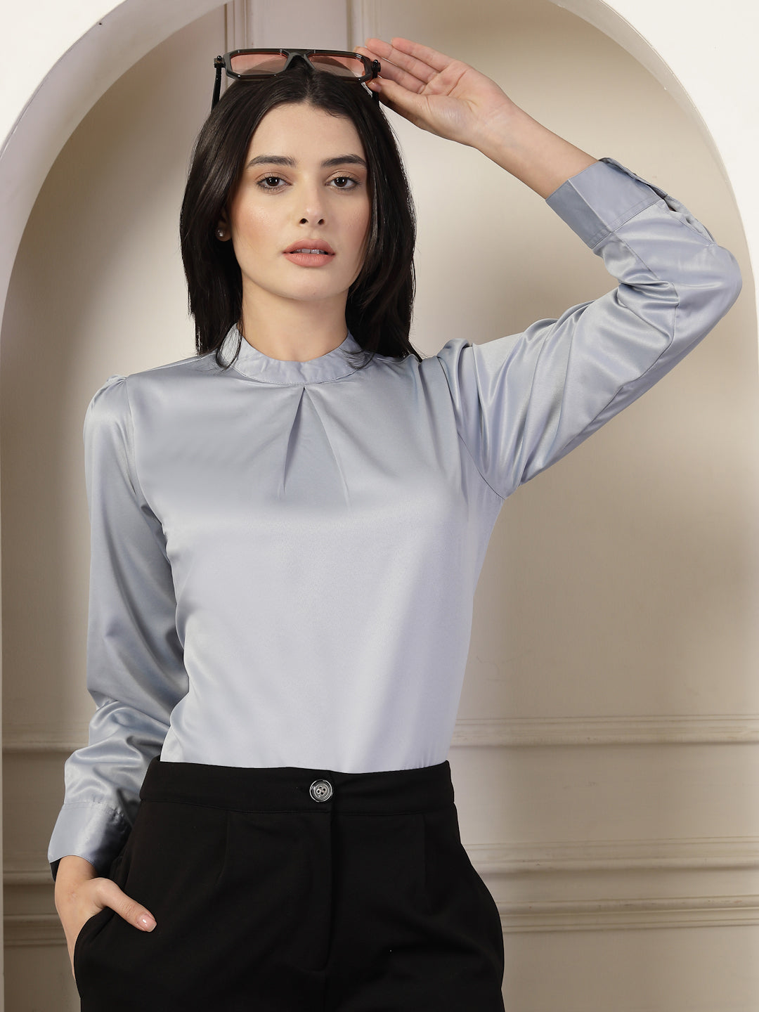 Style Quotient Women Solid Light Grey Satin Regular Pleated Top-Tops-StyleQuotient
