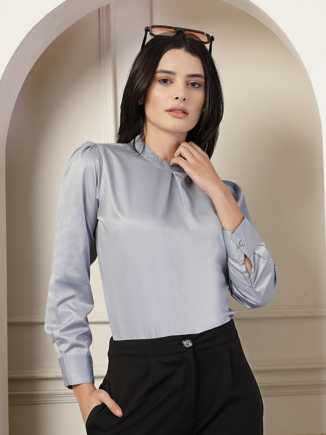 Style Quotient Women Solid Light Grey Satin Regular Pleated Top-Tops-StyleQuotient