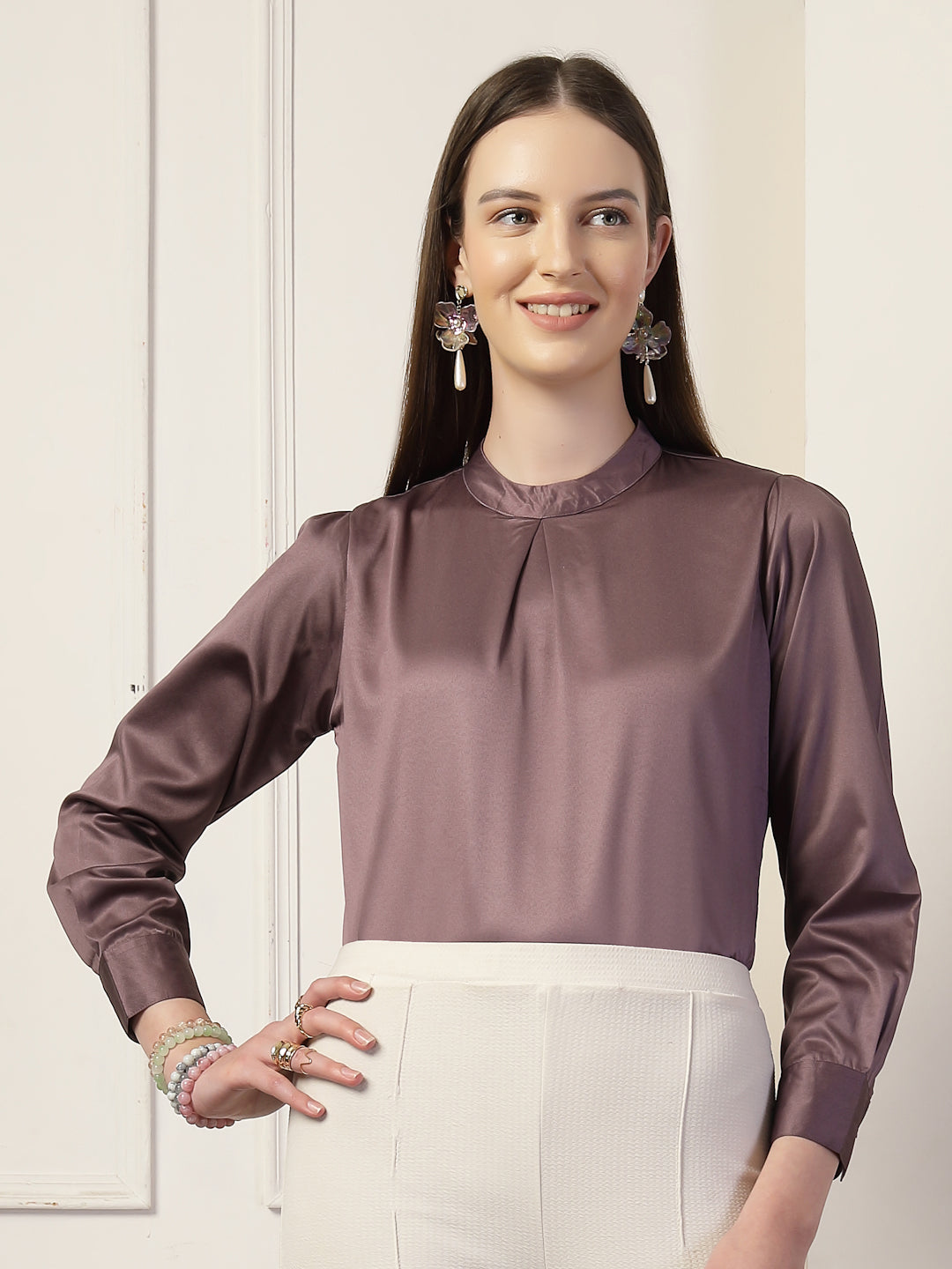 Style Quotient Women Solid Mauve Satin Regular Pleated Top-Tops-StyleQuotient
