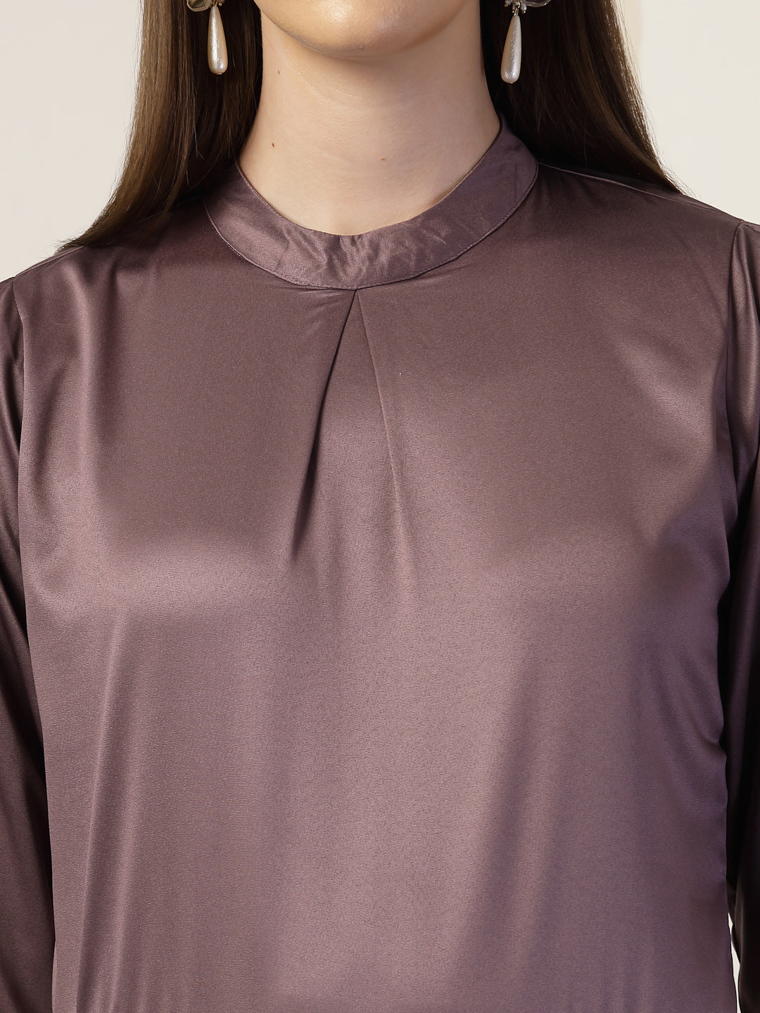 Style Quotient Women Solid Mauve Satin Regular Pleated Top-Tops-StyleQuotient