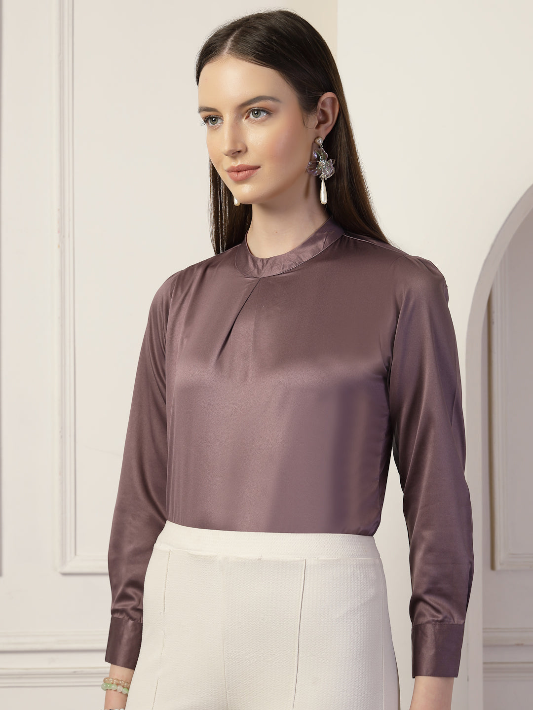 Style Quotient Women Solid Mauve Satin Regular Pleated Top-Tops-StyleQuotient