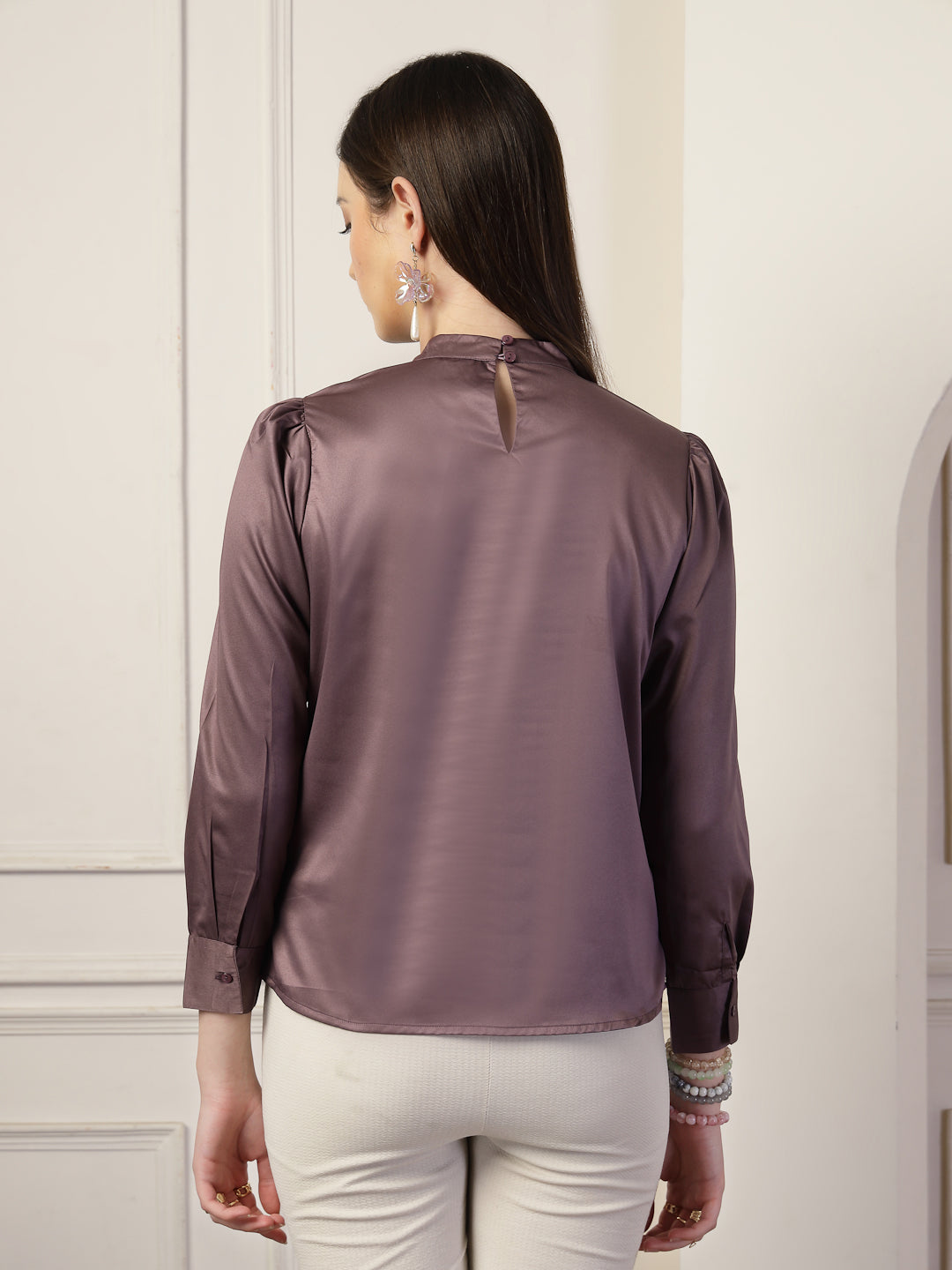 Style Quotient Women Solid Mauve Satin Regular Pleated Top-Tops-StyleQuotient