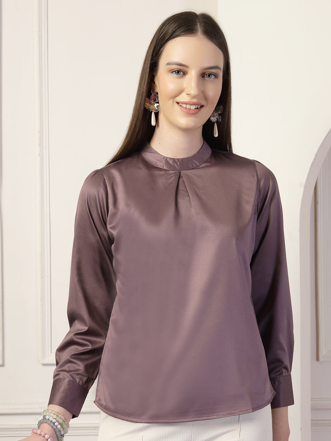 Style Quotient Women Solid Mauve Satin Regular Pleated Top-Tops-StyleQuotient