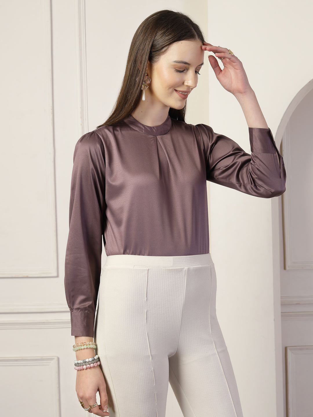 Style Quotient Women Solid Mauve Satin Regular Pleated Top-Tops-StyleQuotient