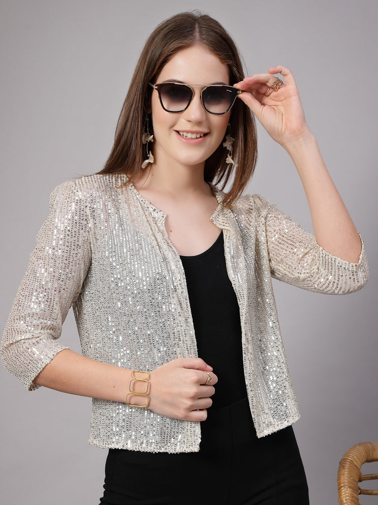 Style Quotient Women Silver Beige Sequins shrug-Shrug-StyleQuotient