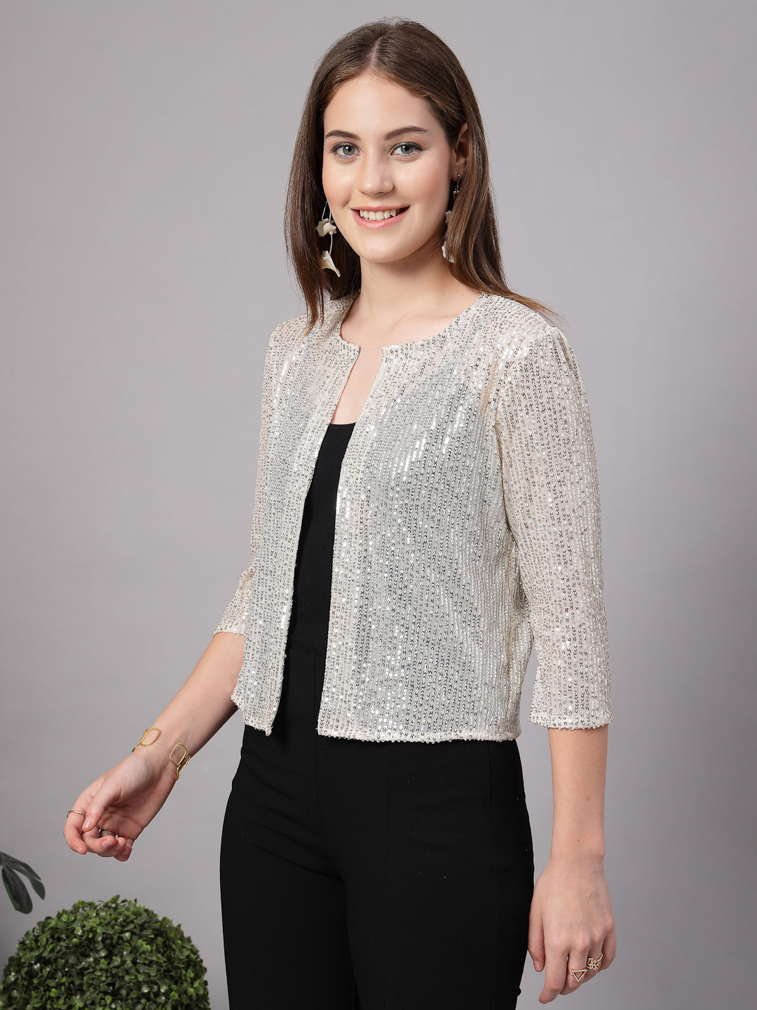Style Quotient Women Silver Beige Sequins shrug-Shrug-StyleQuotient