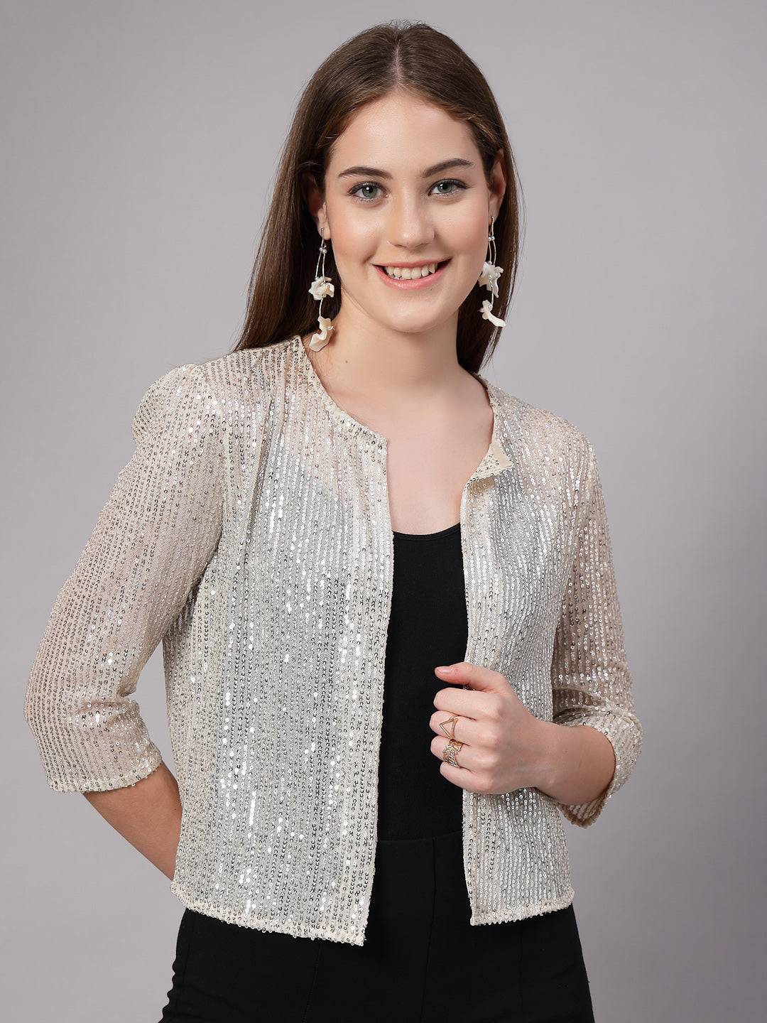 Style Quotient Women Silver Beige Sequins shrug-Shrug-StyleQuotient