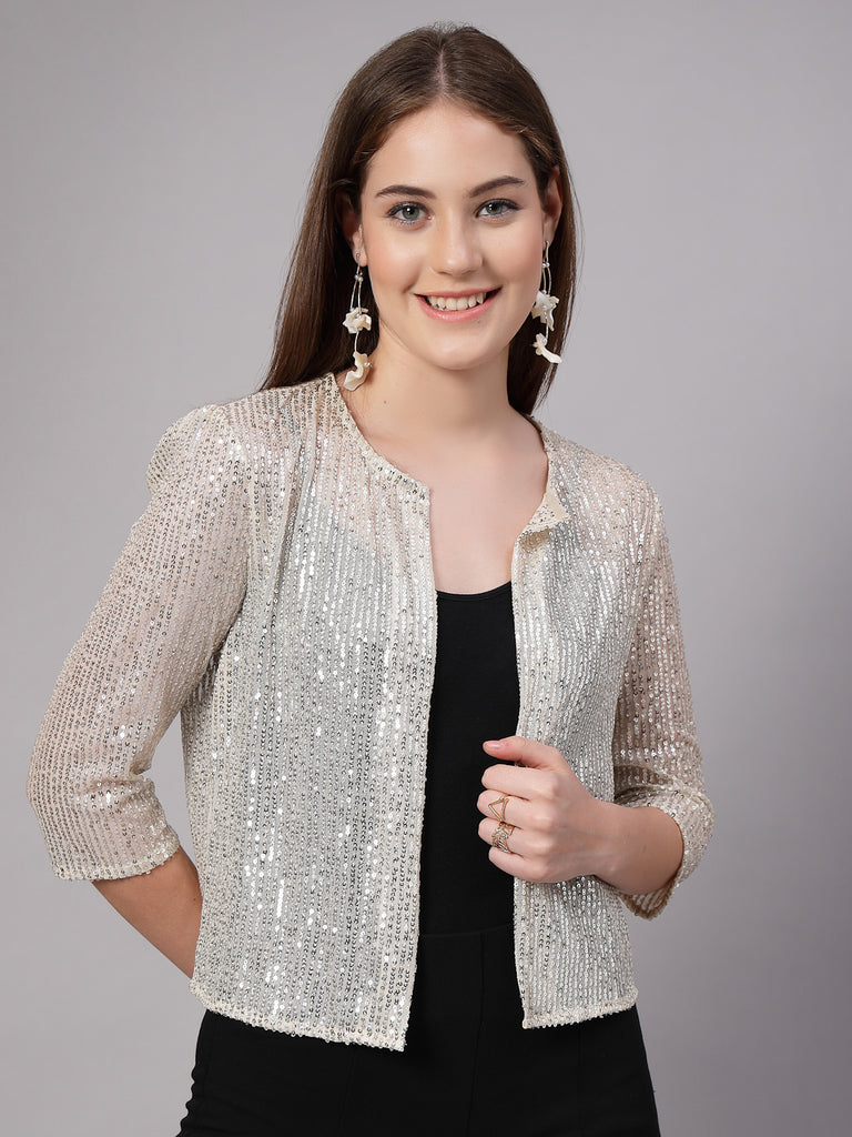 Style Quotient Women Silver Beige Sequins shrug-Shrug-StyleQuotient