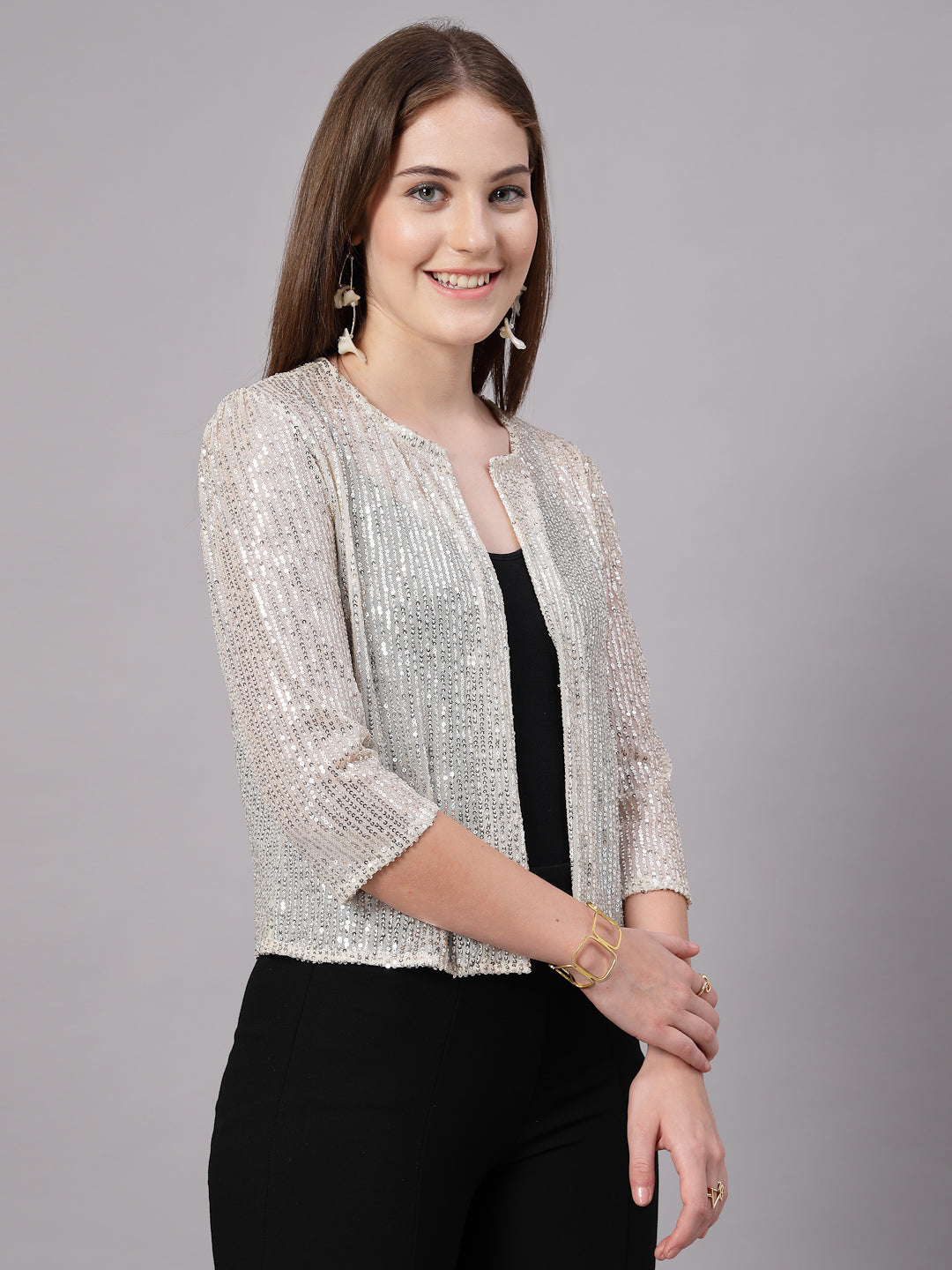 Style Quotient Women Silver Beige Sequins shrug-Shrug-StyleQuotient